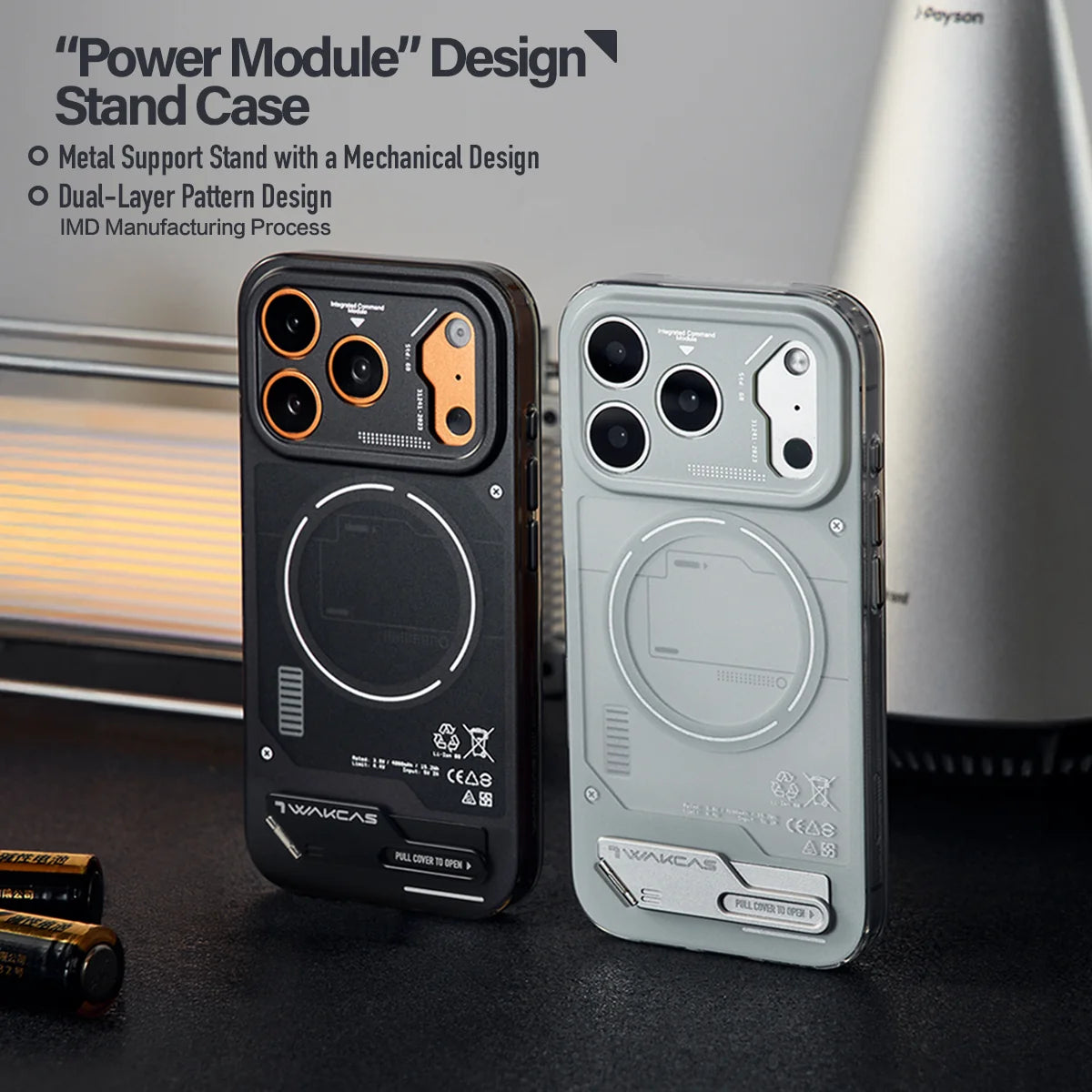 WAKCAS Energy Module MagSafe iPhone Case with Built-in Metal Stand for iPhone 17 Pro Max - Battery Grey