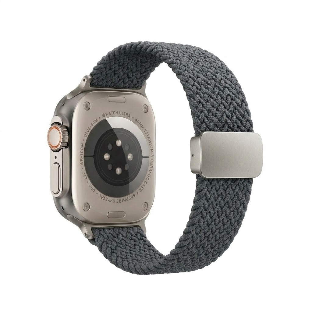 Nylon stretchy TecHub watch band for Apple Watch 42mm to 49mm, black color, with adjustable fit and durable design.