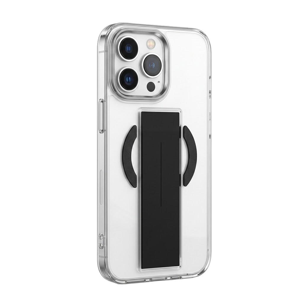 Black acrylic TPU MagSafe case with holder for iPhone 13 Pro Max by TecHub, featuring transparent design and secure grip.