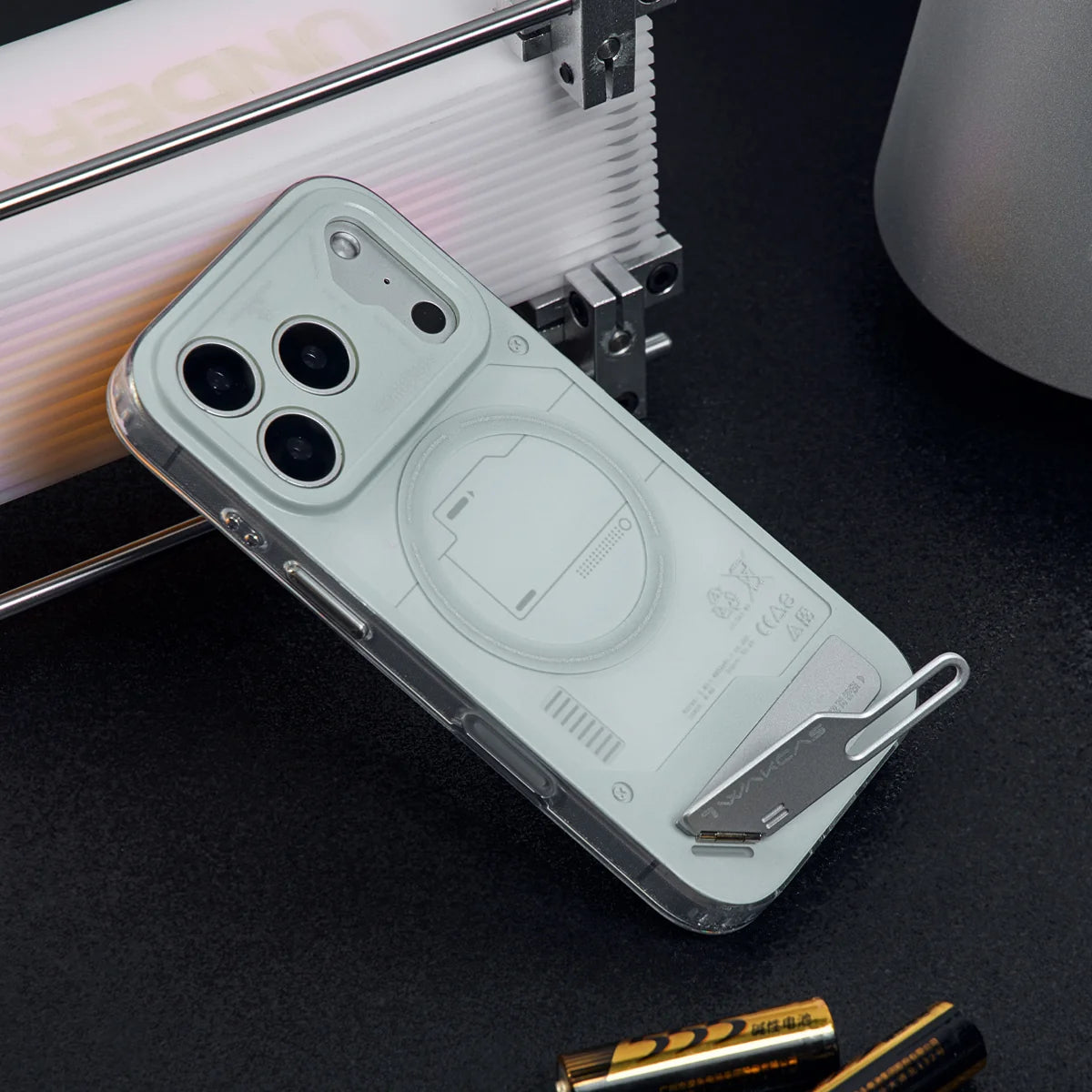 WAKCAS Energy Module MagSafe iPhone Case with Built-in Metal Stand for iPhone 17 Pro Max - Battery Grey