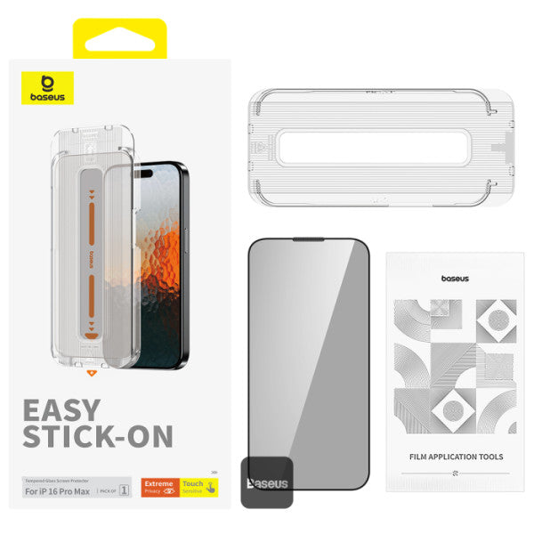 Baseus Sapphire Full-Coverage 9H Tempered Glass Screen Protector for iPhone 16 / 15 - Easy Installation Kit - Privacy