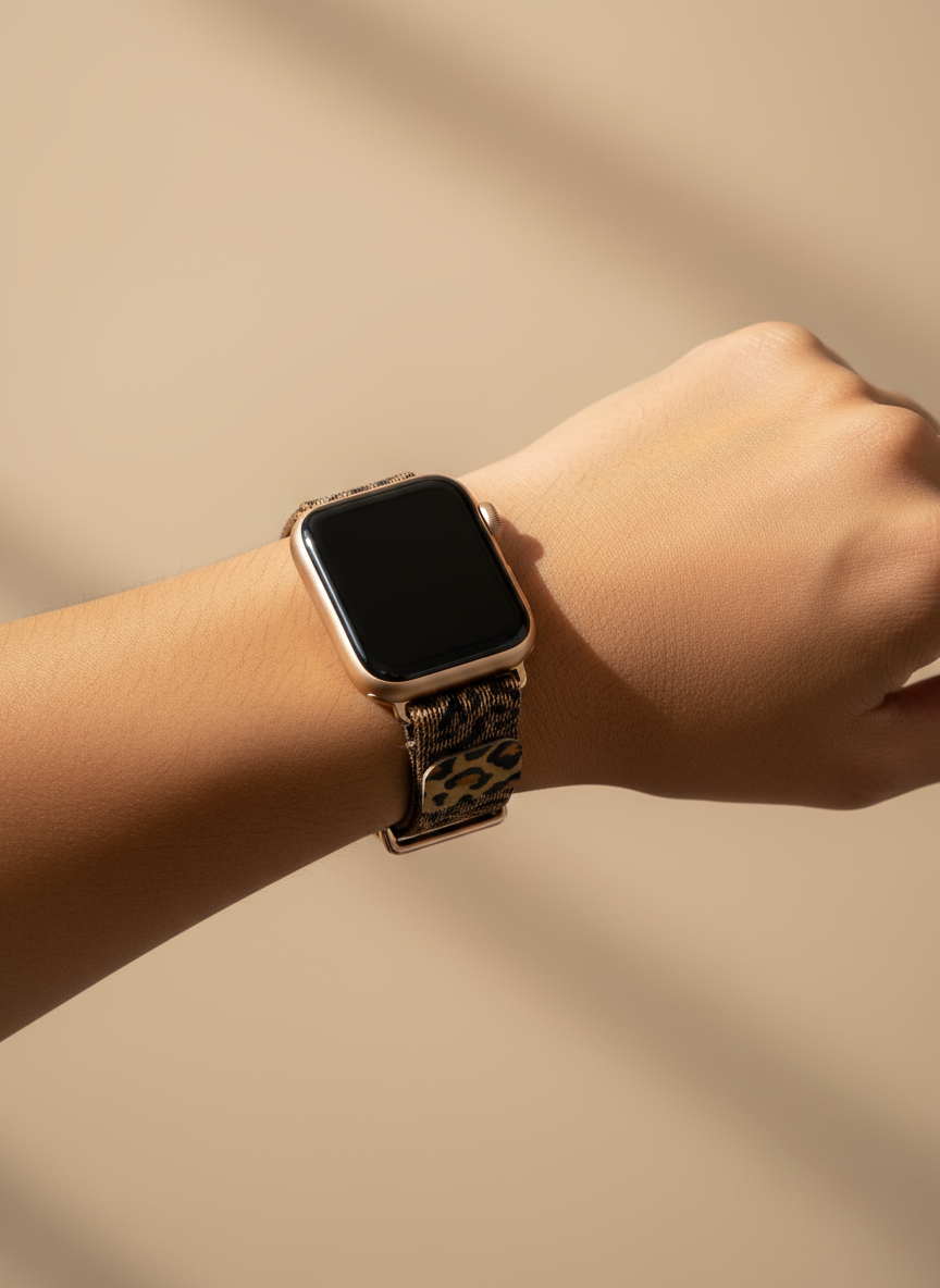 Recci Leopard Print Stainless Steel Women Slim Diamond Watch Strap for Apple Watch 42/44/45/46/49 mm