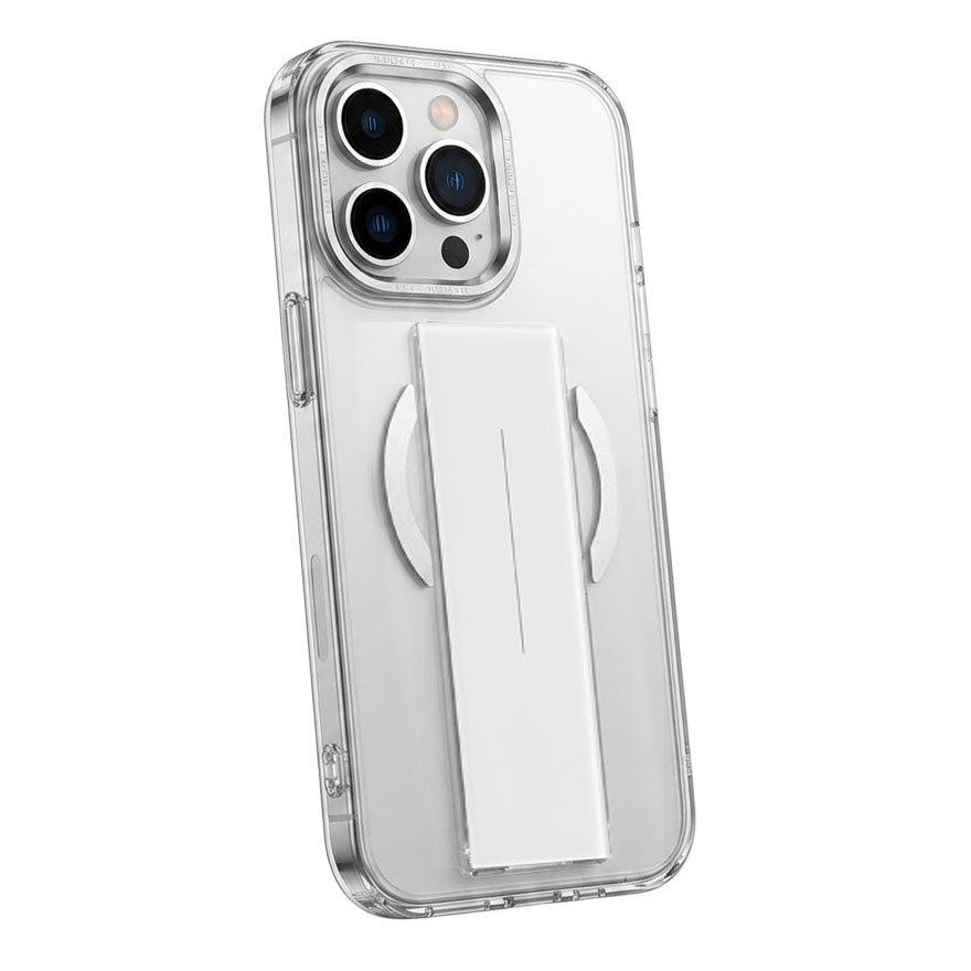 Clear acrylic TPU MagSafe case with holder for iPhone 14 Pro Max by TecHub, showing the transparent design and built-in magnetic holder.