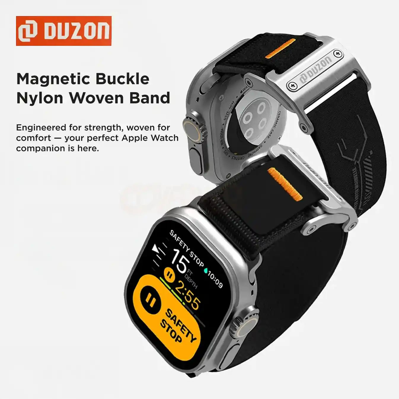 Duzon Nylon Loop Watch Band for Apple Watch 42/44/45/46/49 mm – Double Velcro Strap with Magnetic Buckle