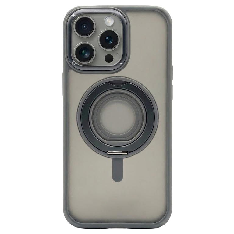 Grey TecHub silicone ring case with 360° rotation magnetic stand for iPhone 15 Pro Max, showing the stand and ring design.