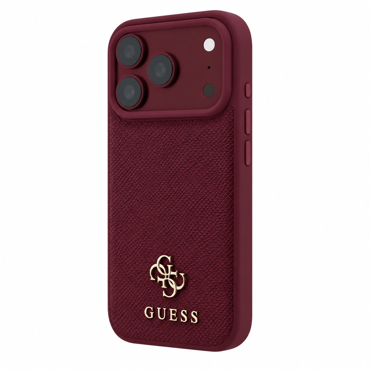 Guess Magsafe PU stripe hard case with Saffiano PU logo for iPhone 17/18 Pro Max, featuring burgundy color and sleek design.