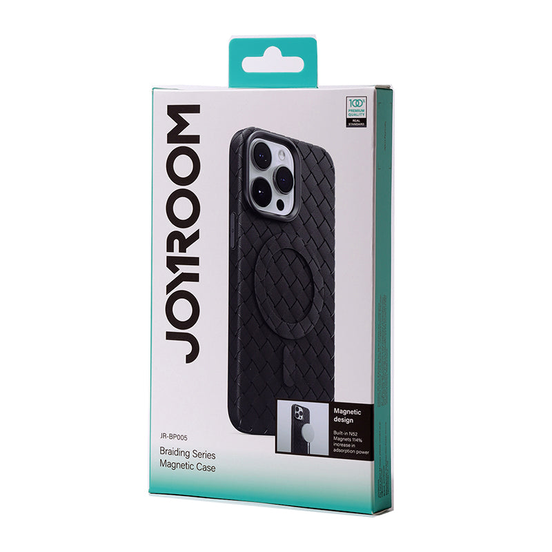 Joyroom braided series MagSafe magnetic case for iPhone 15 Pro in purple, featuring a textured braided design and magnetic closure.
