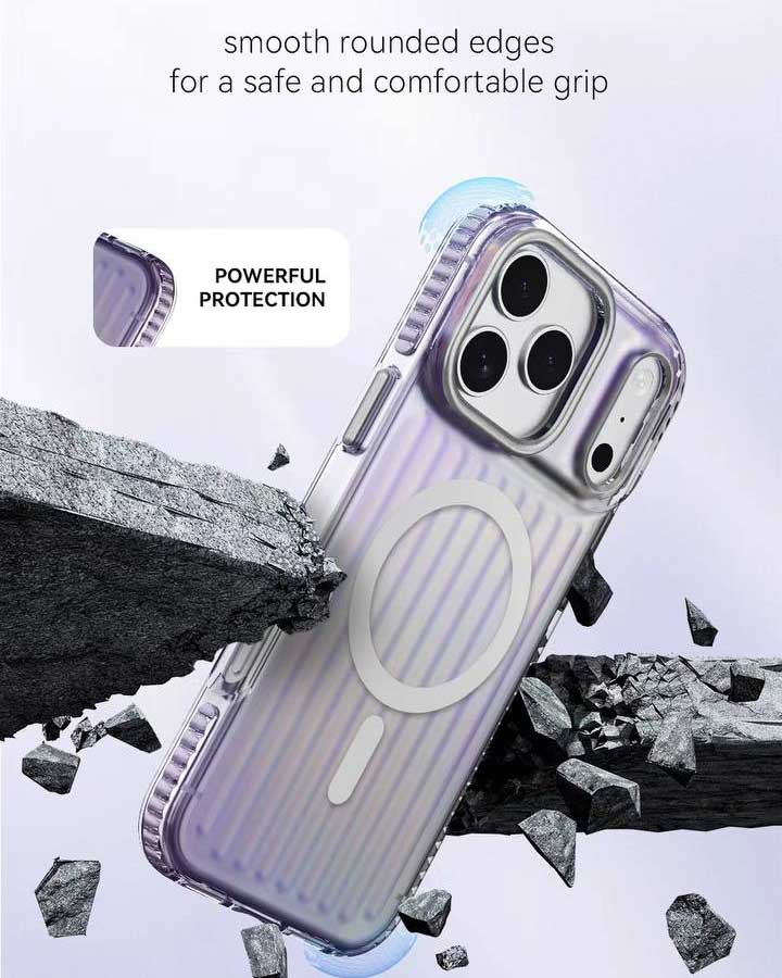 TecHub Lanex striped gradient iPhone 17 Pro Max magnetic case showing colorful pattern and secure fit on the device
