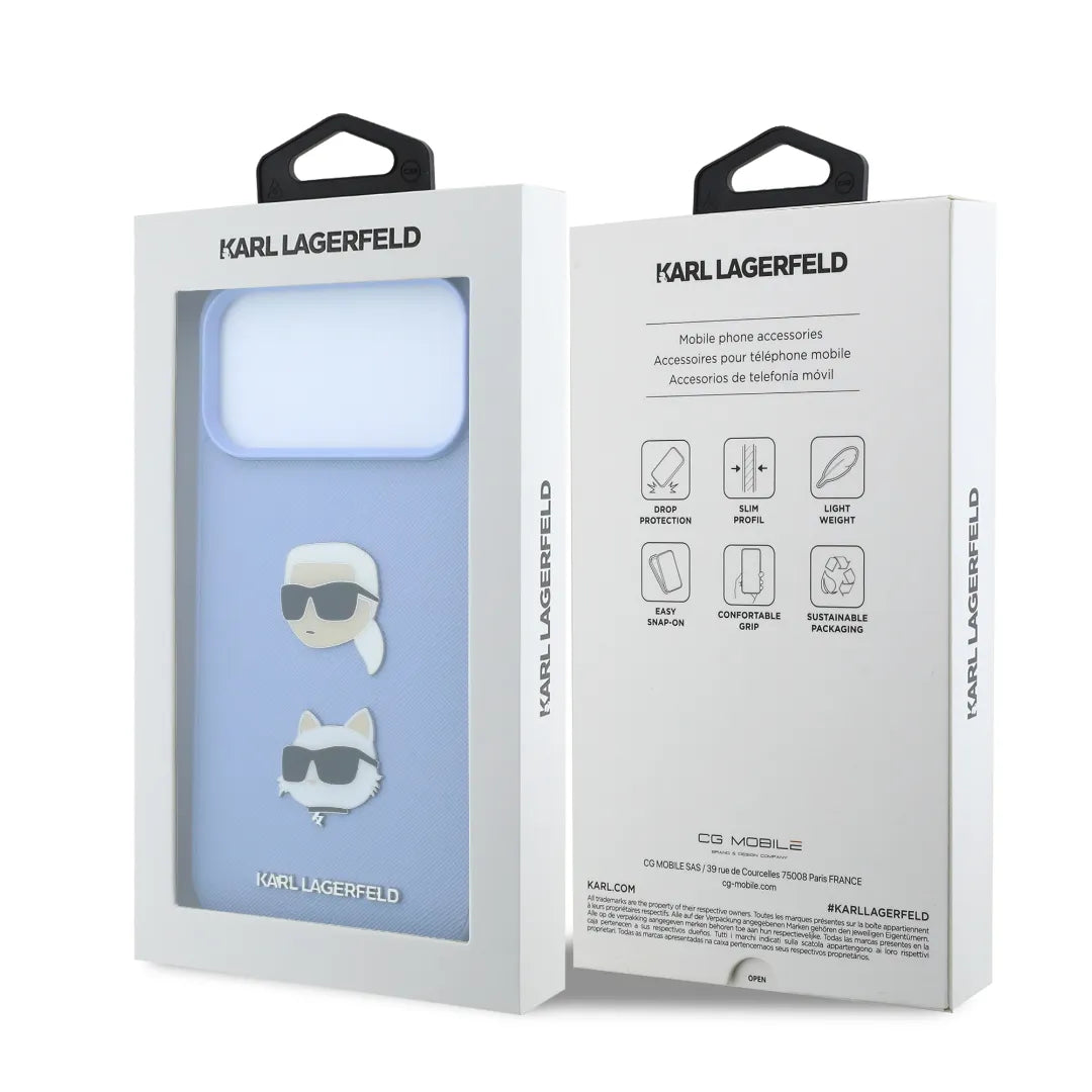 Karl Lagerfeld Smooth Karl & Choupette Faces Case for iPhone 17/18 Pro Max - Blue
