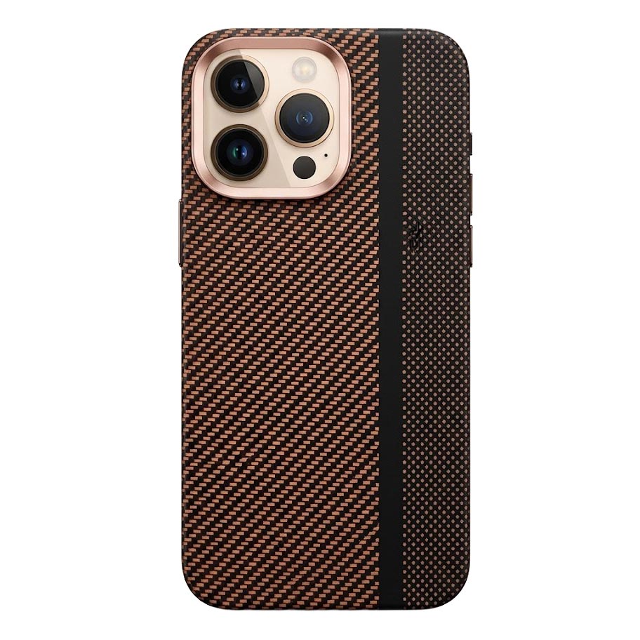 TecHub FreeAir MagSafe carbon fiber iPhone 14 Pro Max case in black and brown with sleek design and precise cutouts.