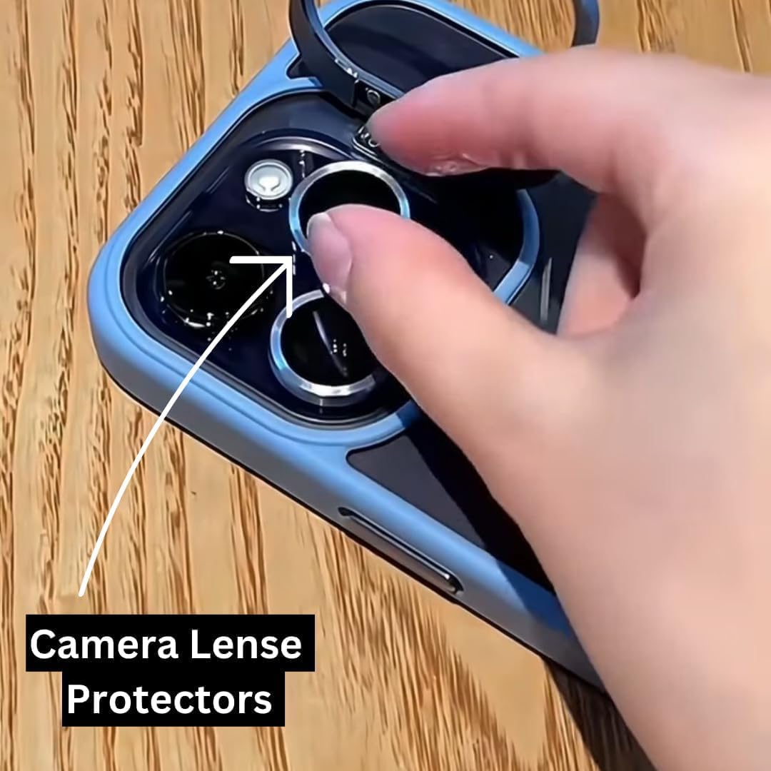 Invisible Stand Case for iPhone 14 - 13 with Metal Camera Lens Ring Protector Cover - Black