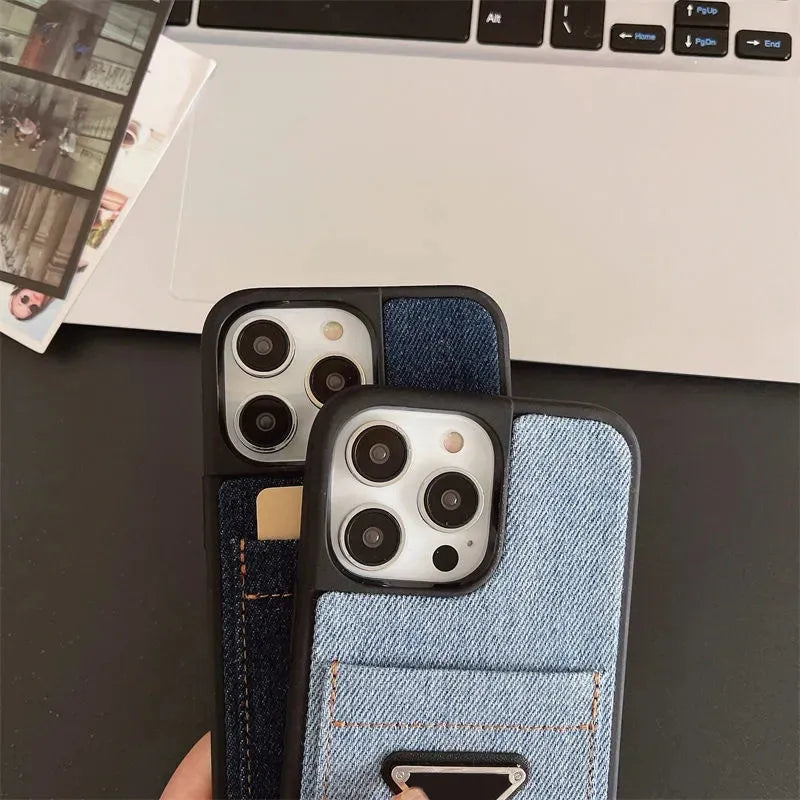 Prada Luxury Designer Jeans Style Case for iPhone 14 Pro Max - Blue