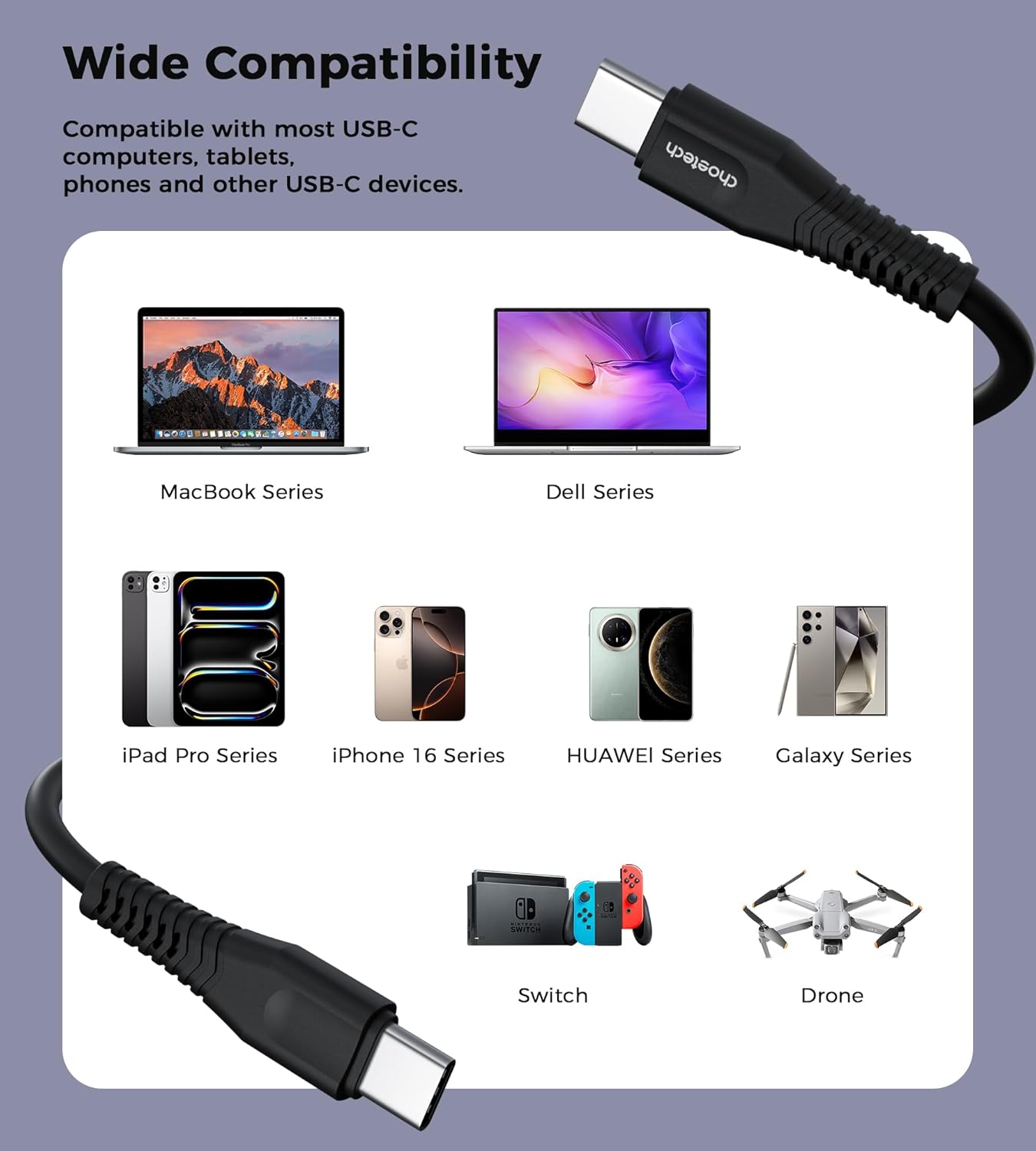Choetech CC002 USB-C to USB-C Cable, 60W PD Fast Charging – Black