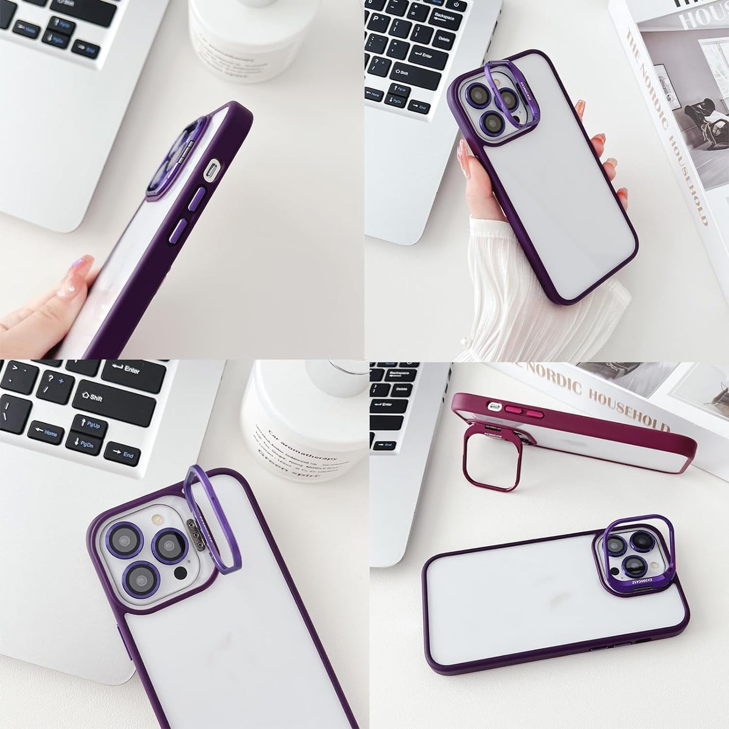 Invisible Stand Case for iPhone 14 - 13 with Metal Camera Lens Ring Protector Cover - Black