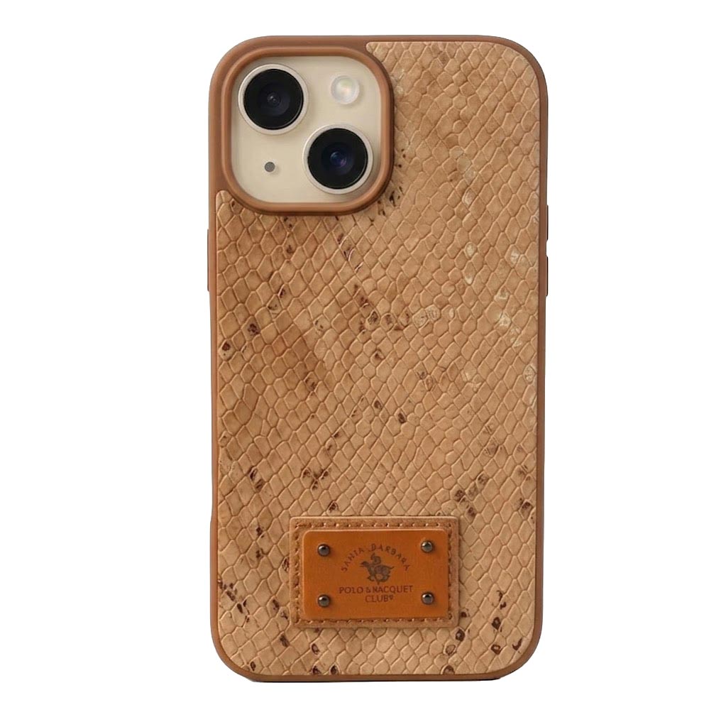 Santa Barbara Polo Sagar Collection iPhone 15 brown case by TecHub, showing a sleek, textured leather phone cover with brand logo.