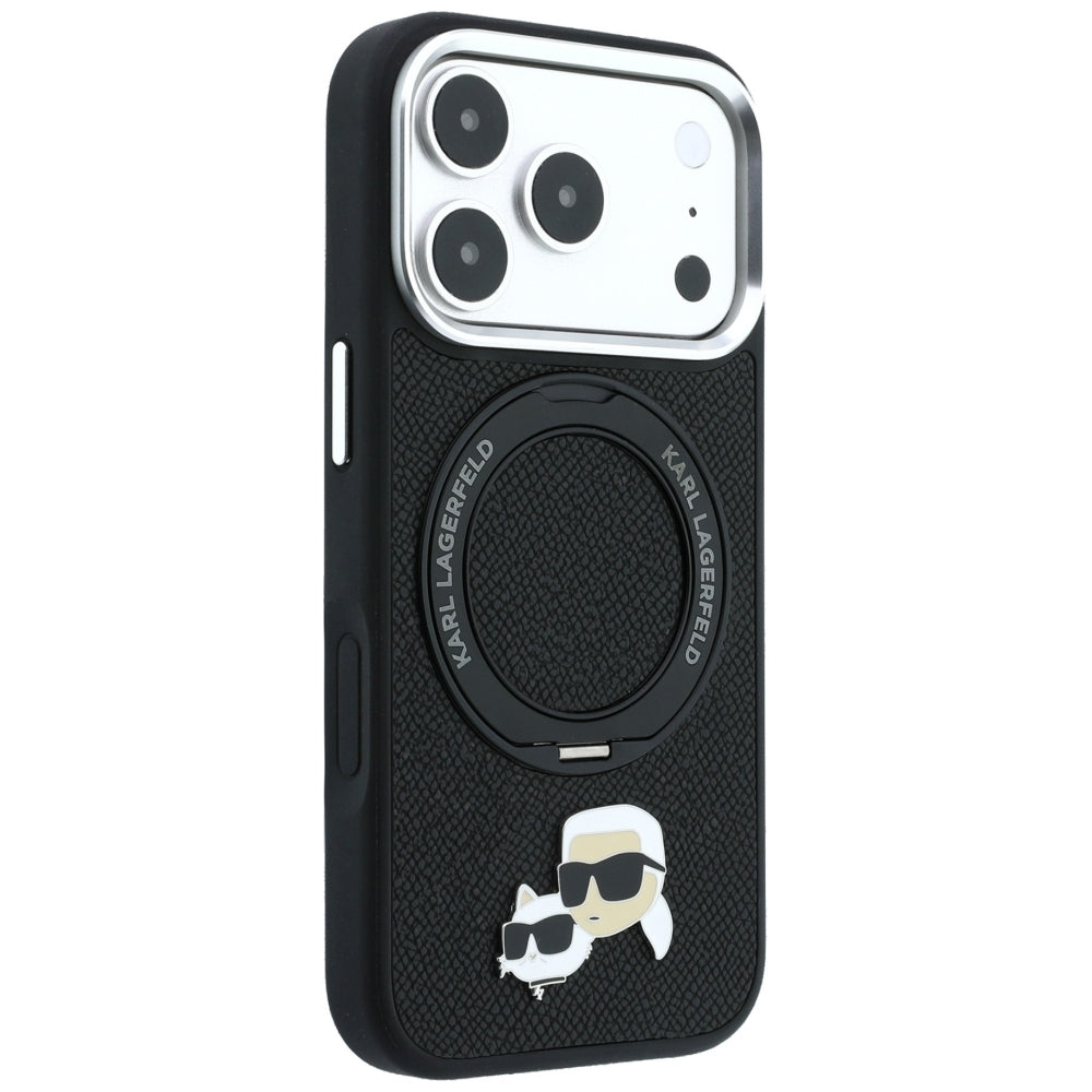 Karl Lagerfeld with Ring Stand 360 Karl Choupette Heads Pin MagSafe Case for iPhone 17/18 Pro Max - Black