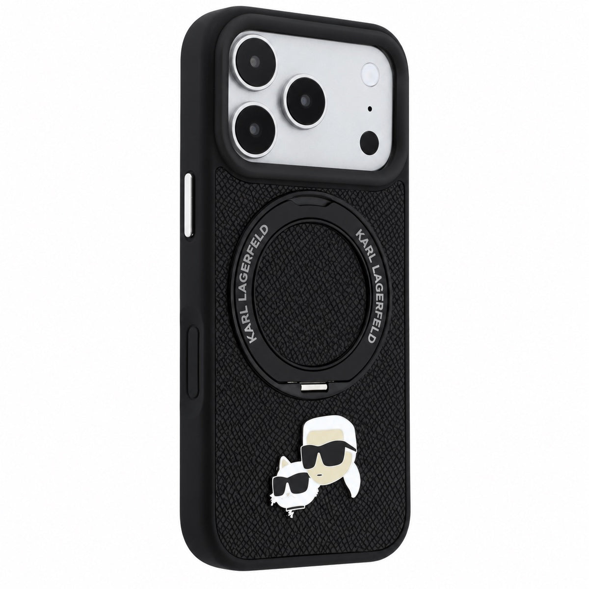 Black Karl Lagerfeld with Ring Stand MagSafe iPhone 17/18 Pro Max case featuring Choupette heads design by TecHub.