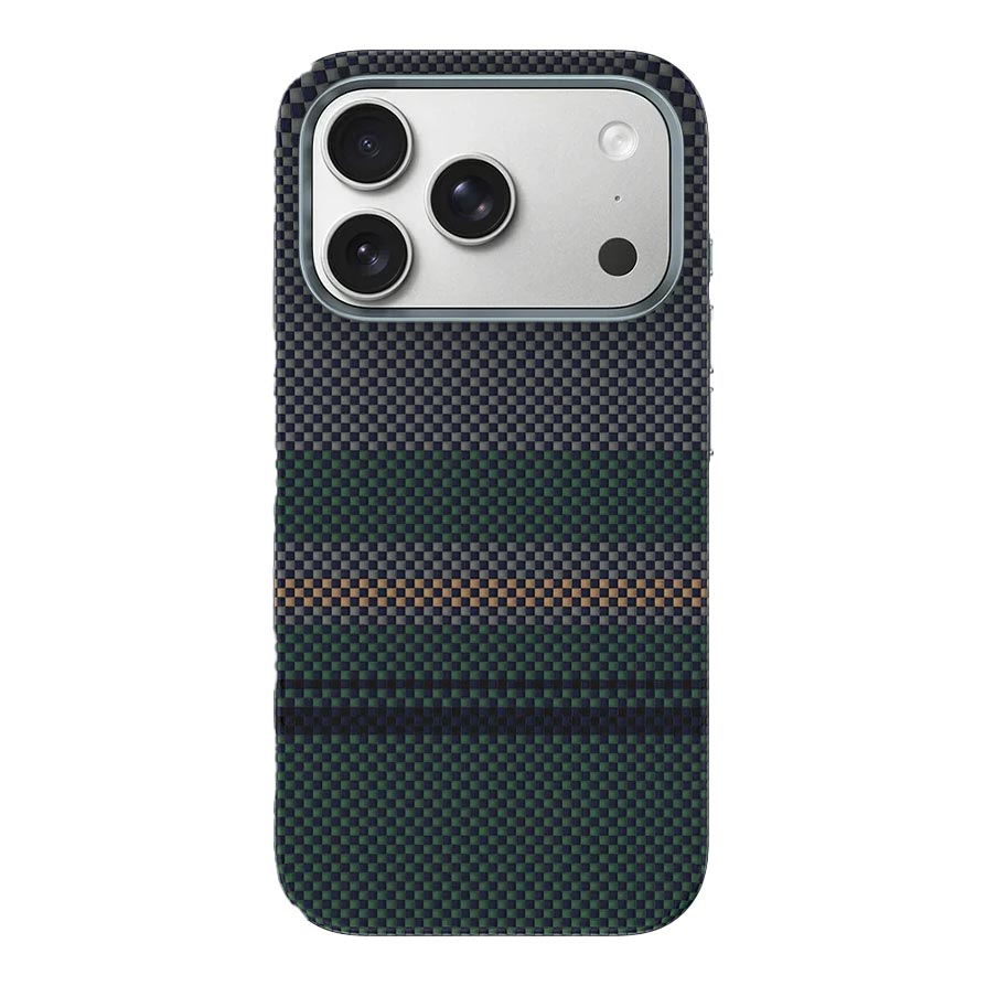 Green Benks Aurora ArmorPro iPhone 17 Pro Max case made with Kevlar® by TecHub showing textured exterior and precise cutouts.