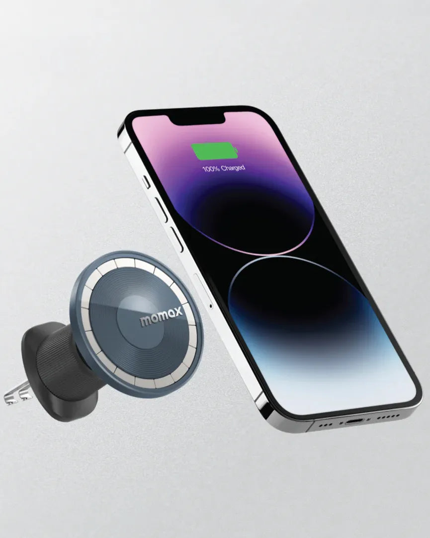 Momax MoVe Easy magnetic car mount holder in black attached to a vehicle dashboard, featuring a sleek and compact design.