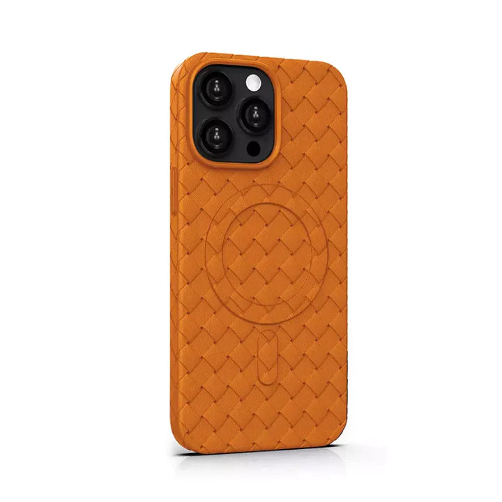 Joyroom braided series MagSafe case for iPhone 15 Pro Max in orange, with a textured braided design and magnetic closure.