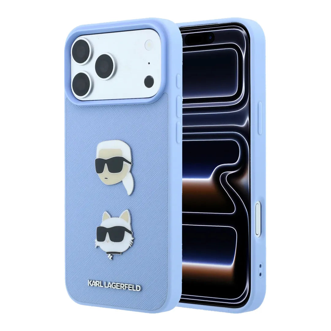 Karl Lagerfeld Smooth Karl & Choupette Faces Case for iPhone 17/18 Pro Max - Blue