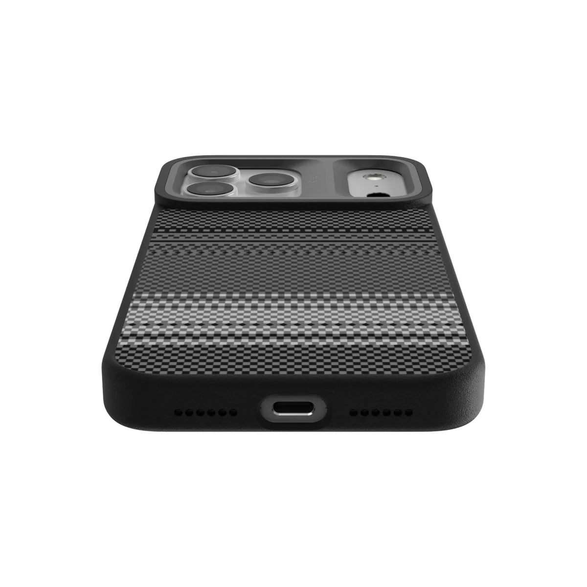 TecHub Kajsa Resort Collection iPhone 17 Pro Max case with gradient stripe pattern and MagSafe compatibility, shown from the bottom.