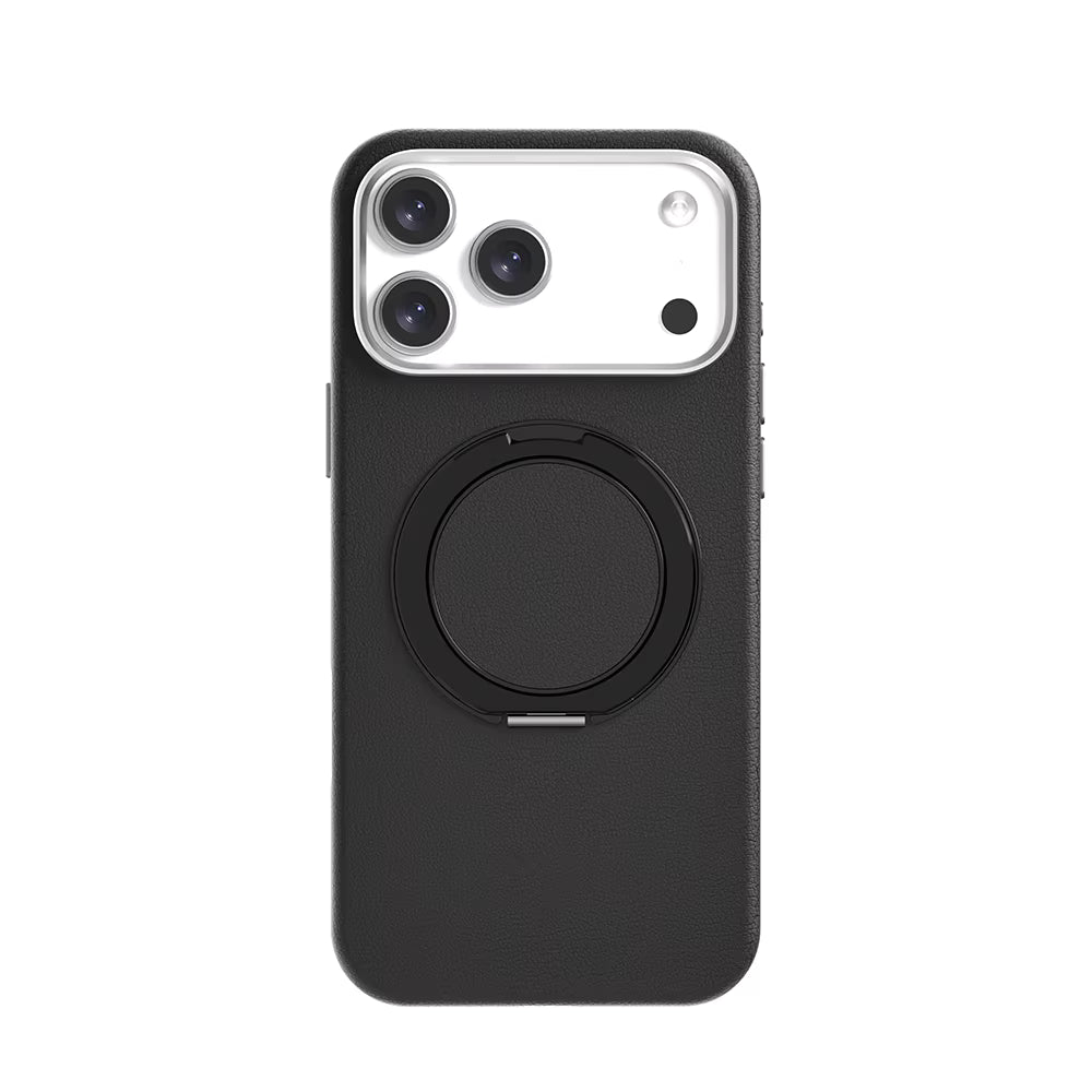 Black TecHub VAWI 360° rotating leather texture case for iPhone 17 Pro Max, showing the stylish textured exterior and rotating stand.