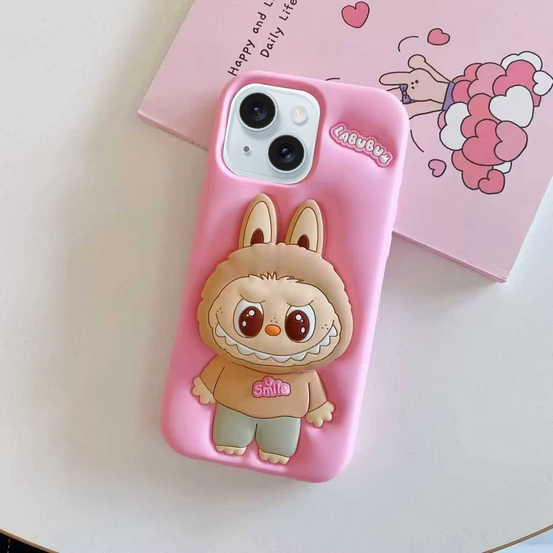 Labubu 3D Cartoon Silicone Case with Hand Stand for iPhone 15 - Pink