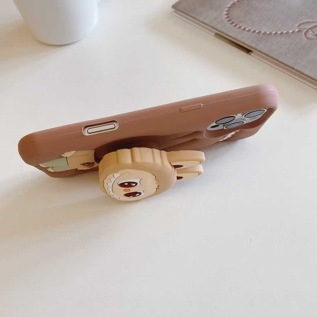 Labubu 3D Cartoon Silicone Case with Hand Stand for iPhone 15 - Light Brown