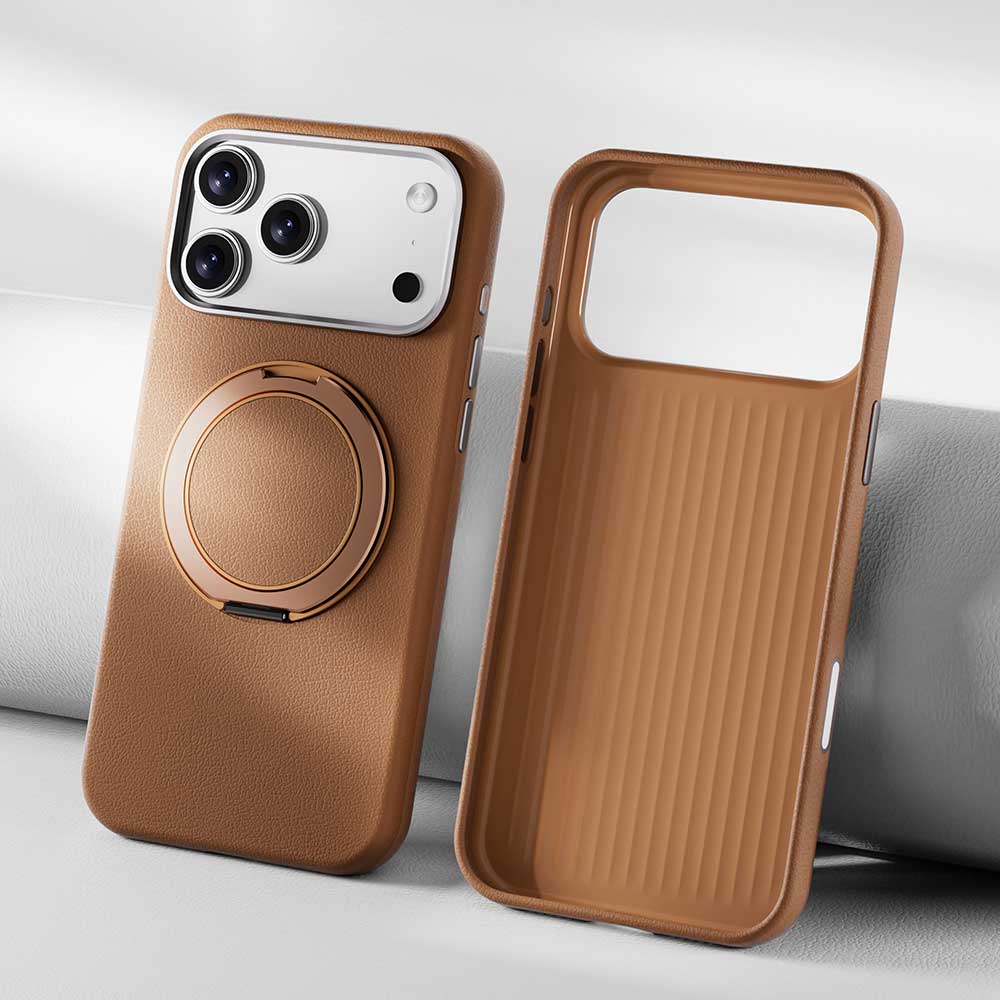 Black TecHub VAWI 360° rotating leather texture case for iPhone 17 Pro Max, featuring a secure fit and stylish design.