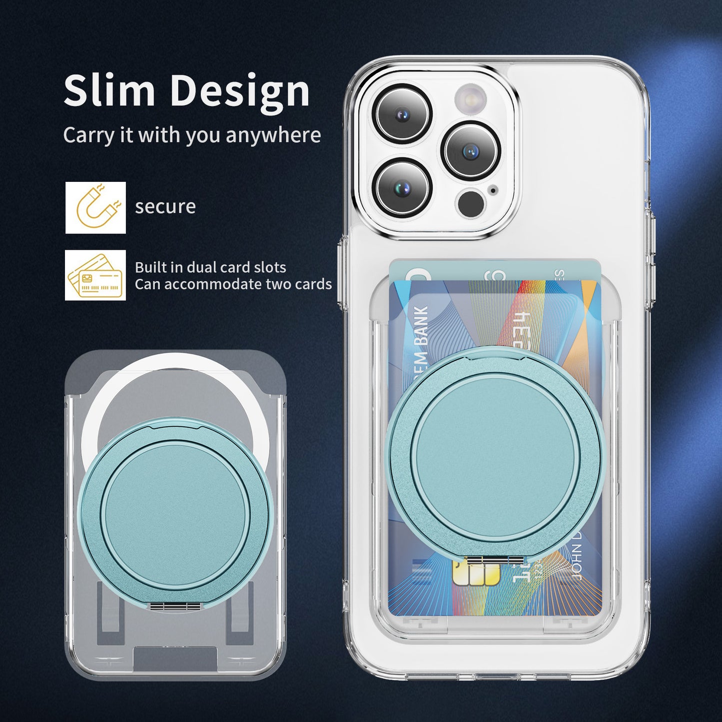 Ring Grip Kickstand Transparent Clear PC Magnetic Wallet Card Holder - Blue