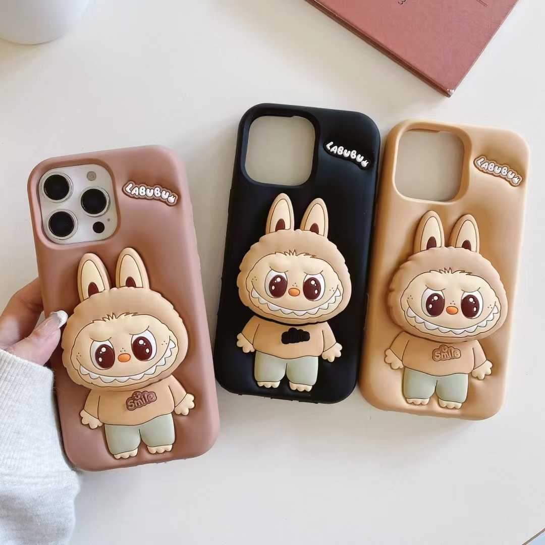 Labubu 3D Cartoon Silicone Case with Hand Stand for iPhone 15 Pro Max - Light Brown