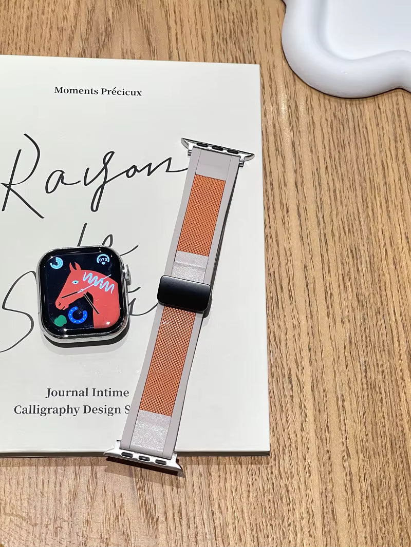 TecHub premium silicone Apple Watch case with metal and leather texture in Starlight for 42-49mm models, showcasing stylish design.