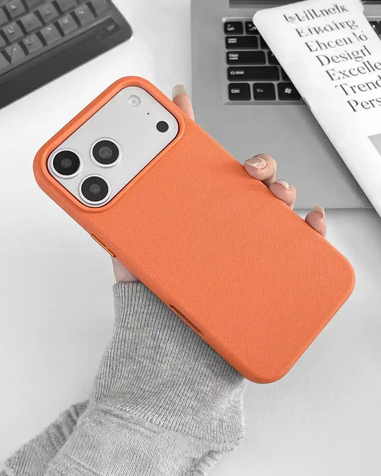 TecHub Lanex Premium Leather Texture MagSafe Case for iPhone 17 Pro Max in orange, showcasing its stylish leather finish and magnetic design.
