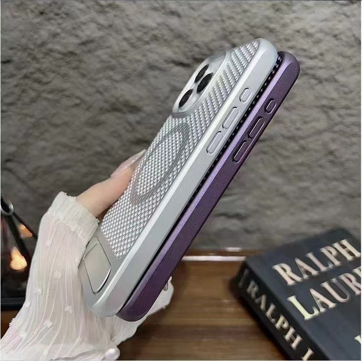 Purple TecHub heat dissipation shockproof magnetic mesh phone case with invisible stand for iPhone 14 Pro Max.