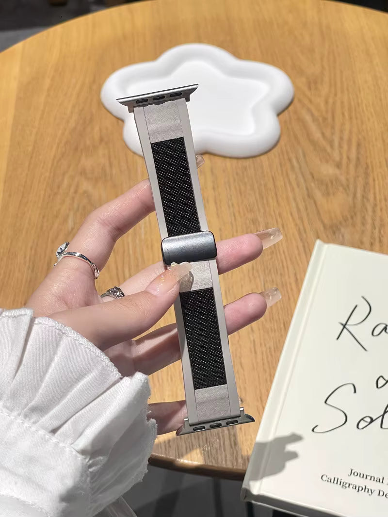 Premium Silicone Strap with Metal and Leather Texture for for Apple Watch 42/44/45/46/49 mm