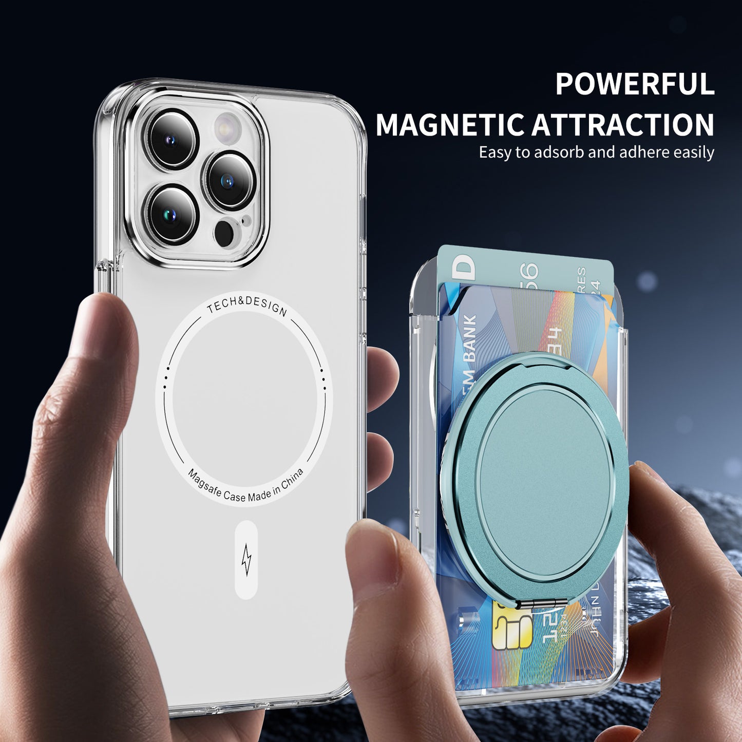 Ring Grip Kickstand Transparent Clear PC Magnetic Wallet Card Holder
