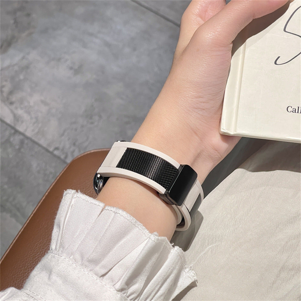TecHub premium silicone Apple Watch case with metal and leather texture in Starlight for 42-49mm models, featuring a stylish, protective design.