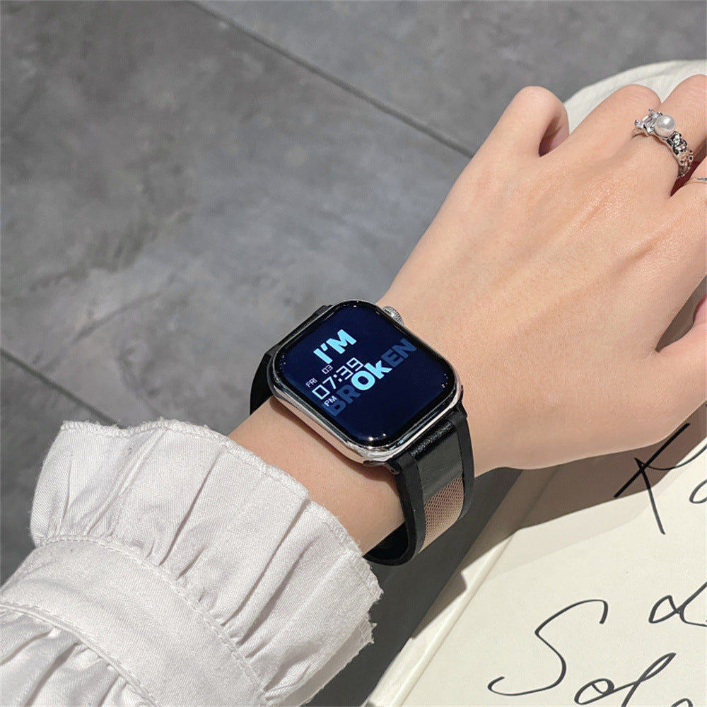 Premium Silicone Strap with Metal and Leather Texture for for Apple Watch 42/44/45/46/49 mm
