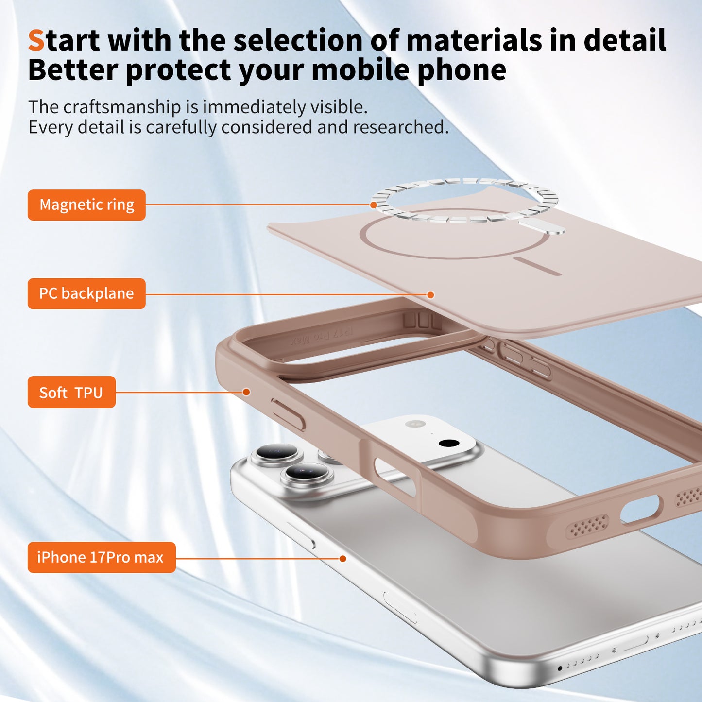 TecHub OKOZ luxury liquid silicone TPU MagSafe case for iPhone 17 Pro in beige, showing smooth, flexible material and precise cutouts.