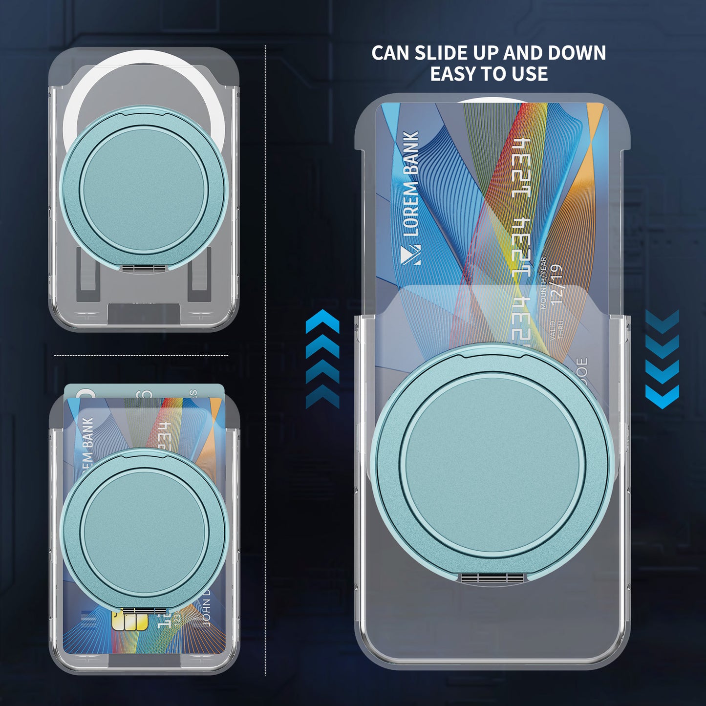 Ring Grip Kickstand Transparent Clear PC Magnetic Wallet Card Holder - Blue