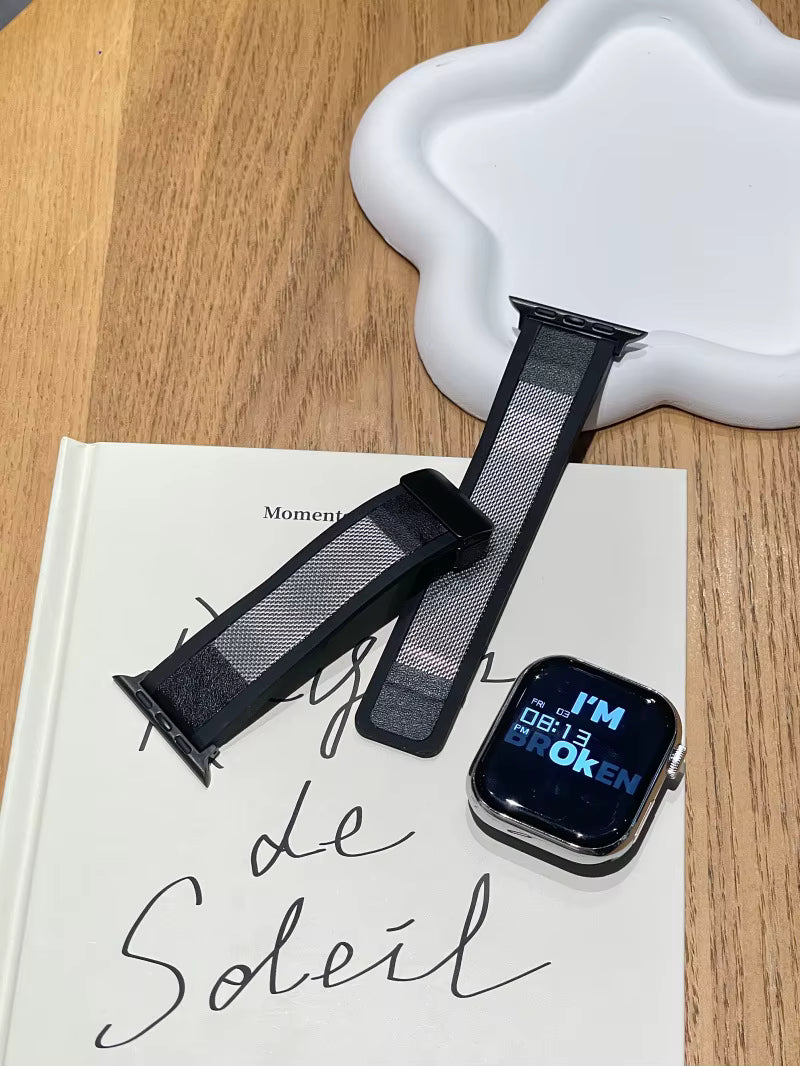 Premium Silicone Strap with Metal and Leather Texture for for Apple Watch 42/44/45/46/49 mm