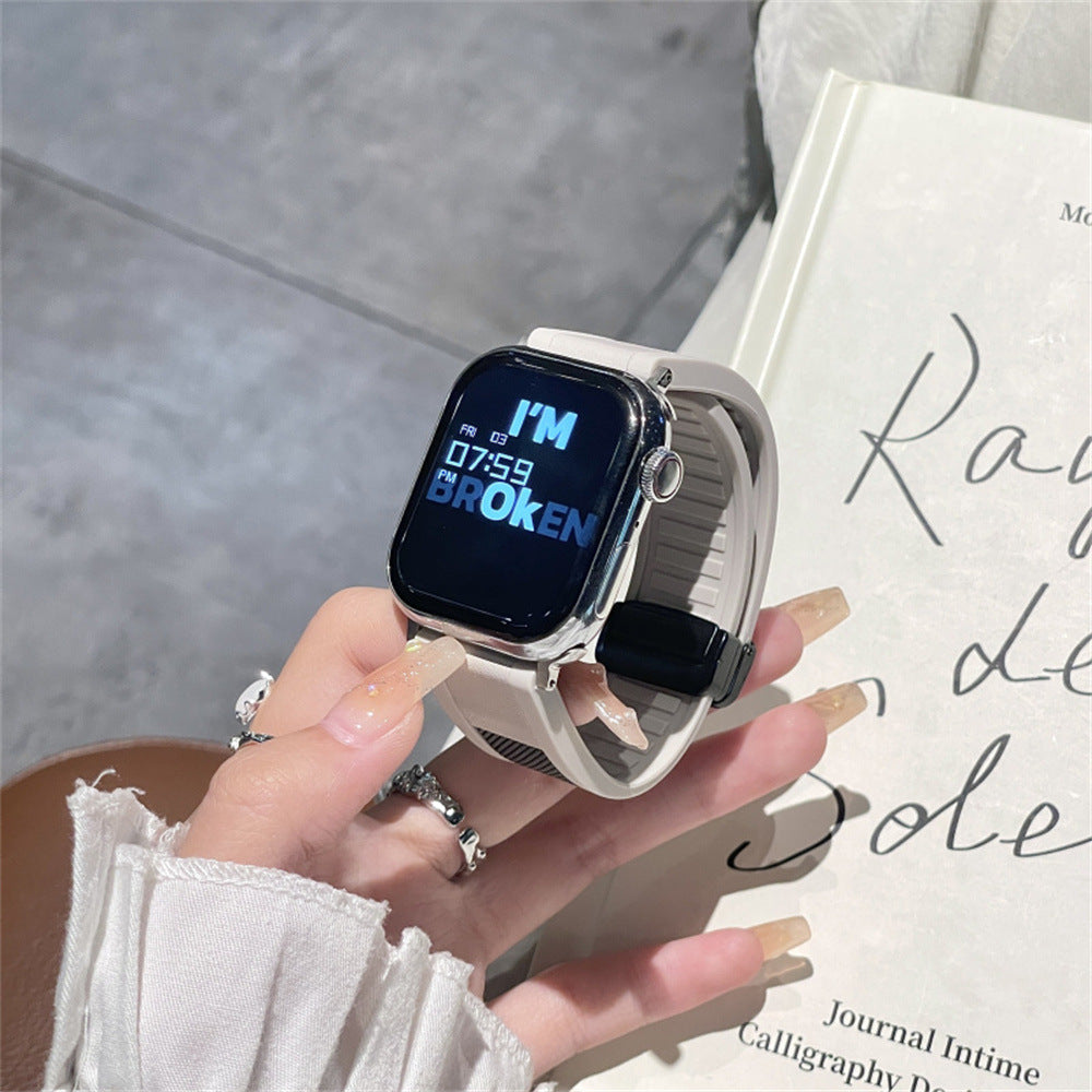 Apple Watch 42-49mm TecHub premium silicone strap with metal and leather texture, Starlight color, designed for case protection.