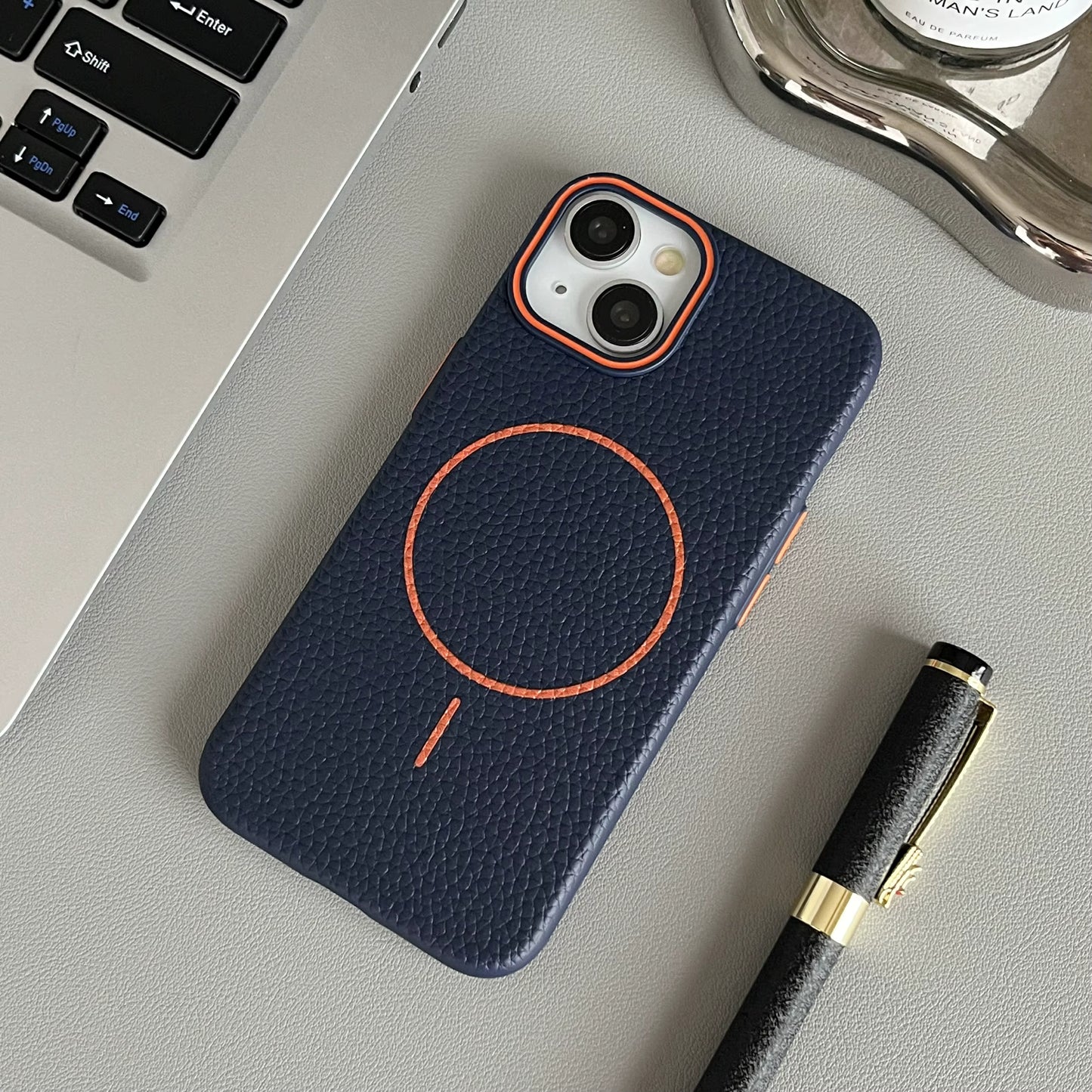Macaron Leather Matte Magnetic Case for iPhone 15 - Navy/Orange