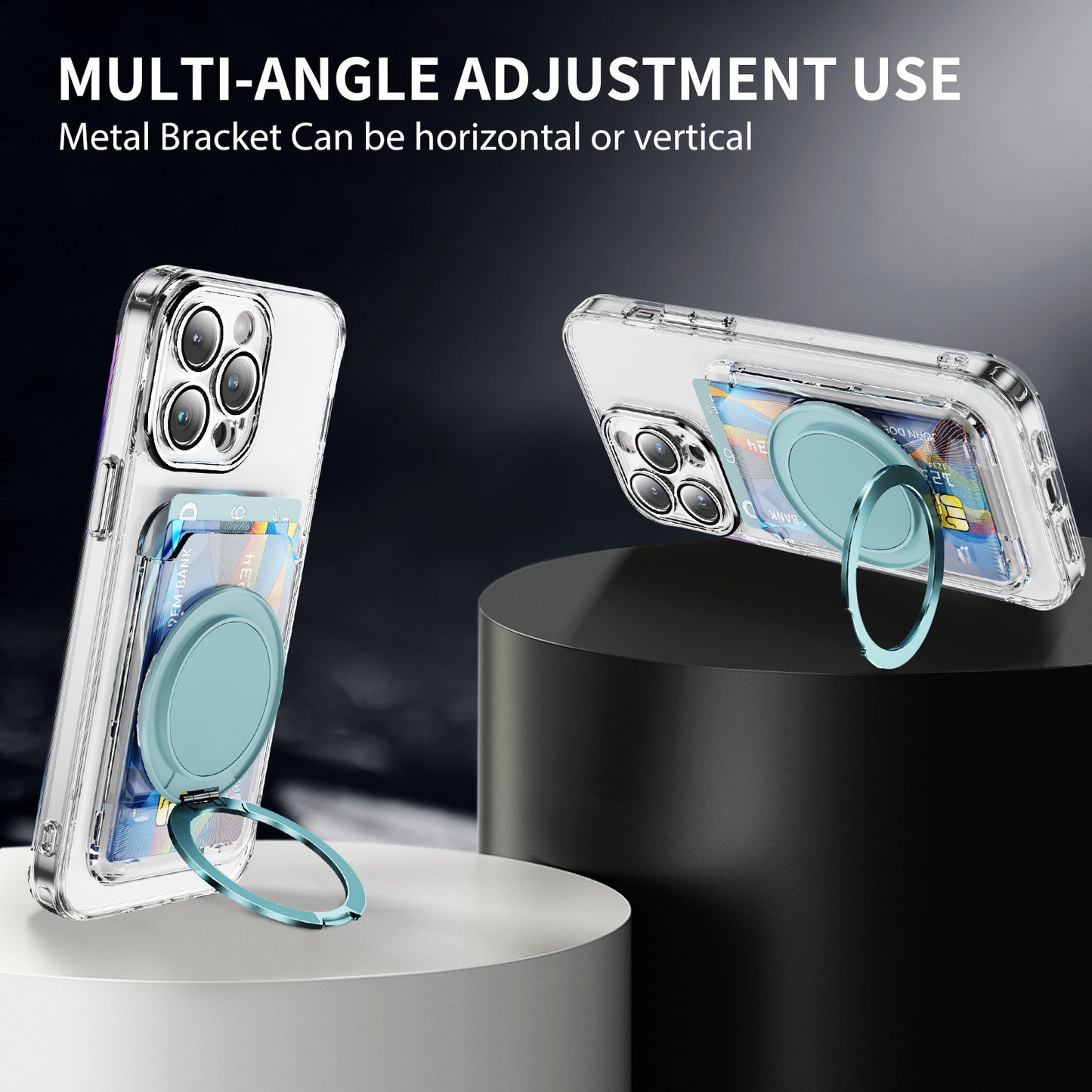 Ring Grip Kickstand Transparent Clear PC Magnetic Wallet Card Holder - Blue