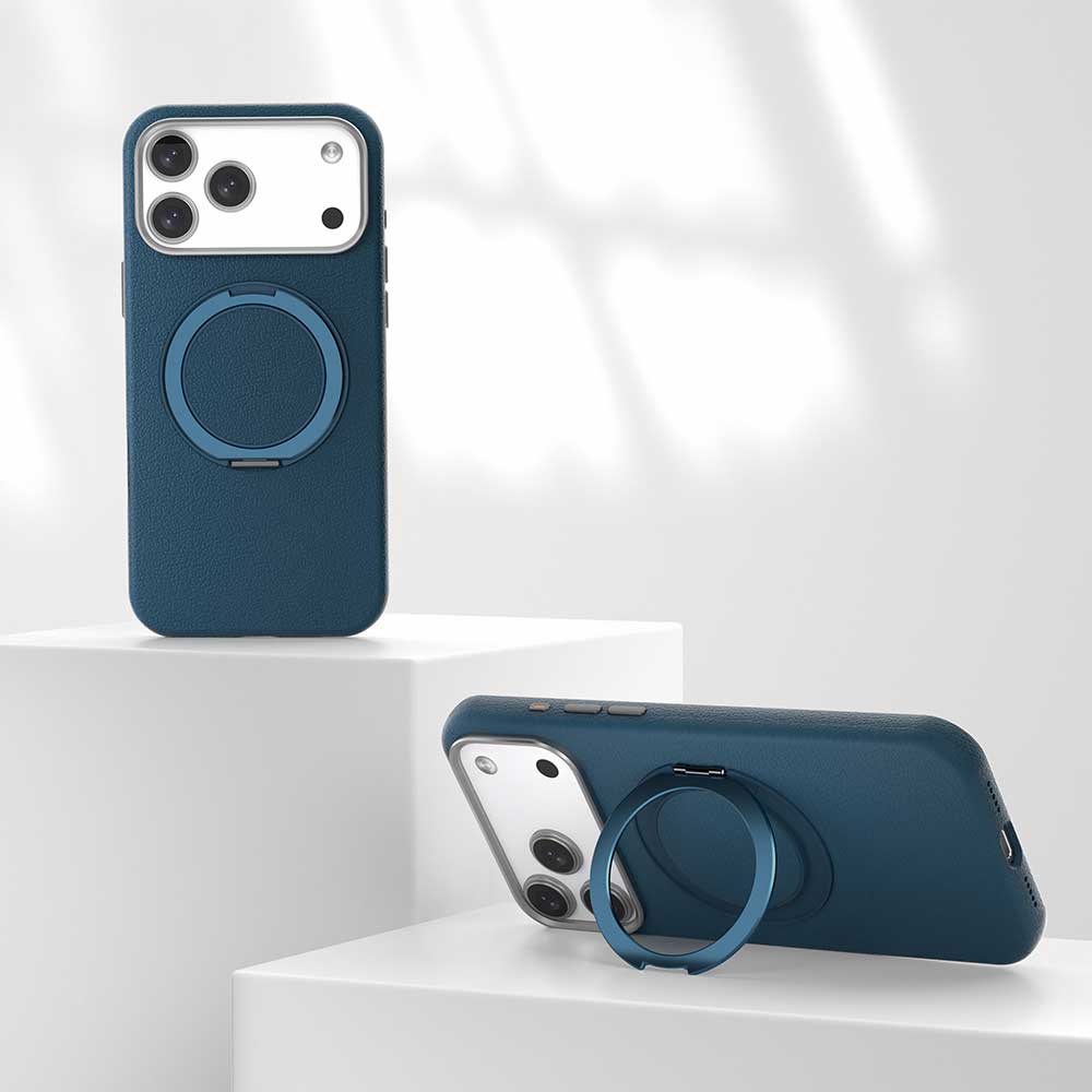 Black TecHub VAWI 360° rotating leather texture case for iPhone 17 Pro Max, with secure fit and stylish design.