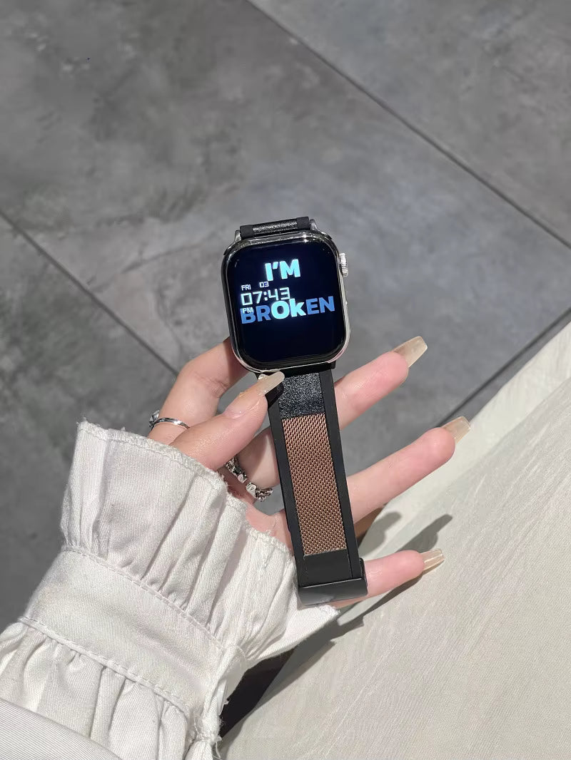 Premium Silicone Strap with Metal and Leather Texture for for Apple Watch 42/44/45/46/49 mm