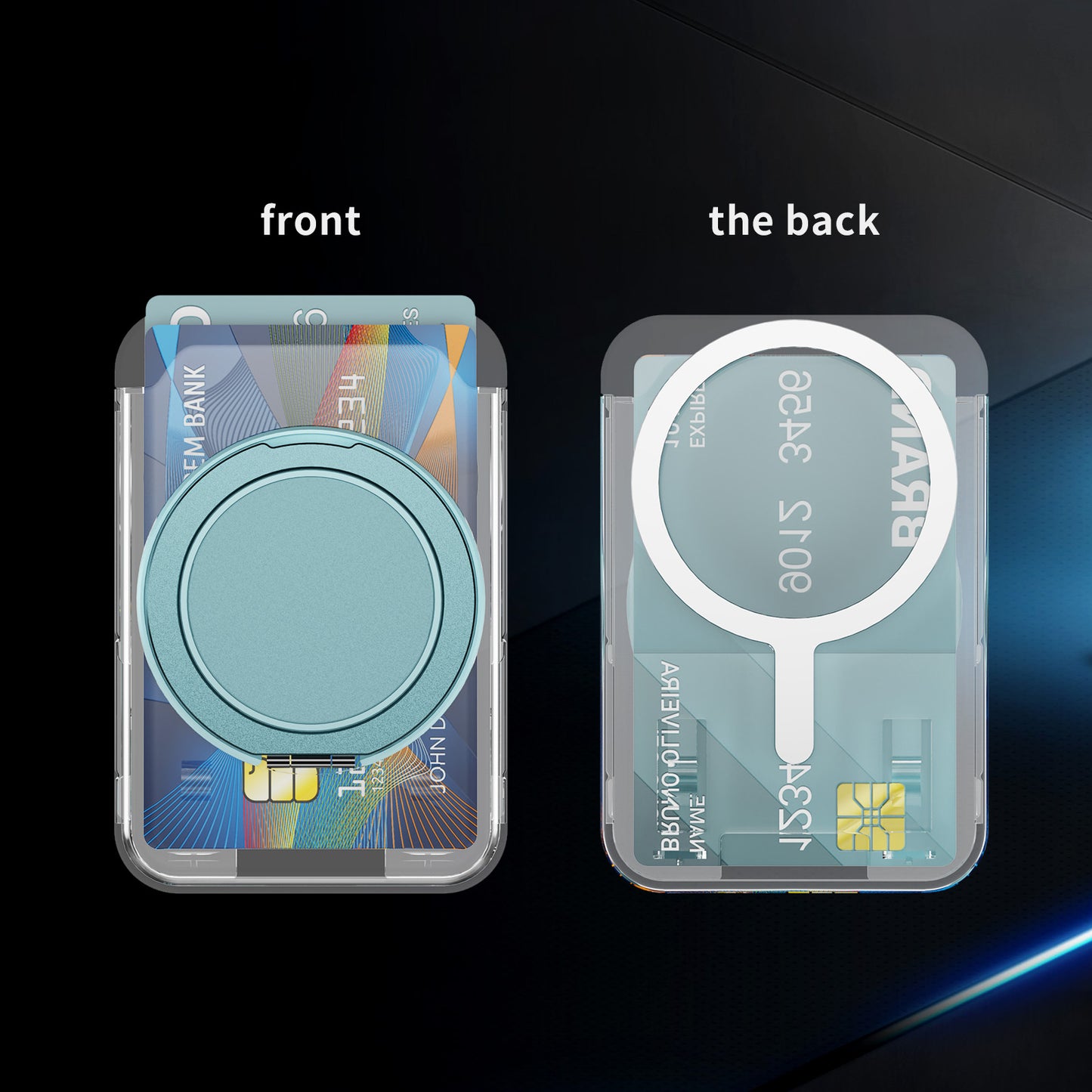 Ring Grip Kickstand Transparent Clear PC Magnetic Wallet Card Holder - Blue