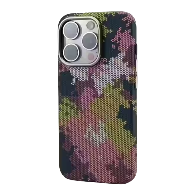 TecHub FreeAir MagSafe carbon fiber iPhone 14 Pro Max case in camouflaged red with sleek design and precise cutouts.