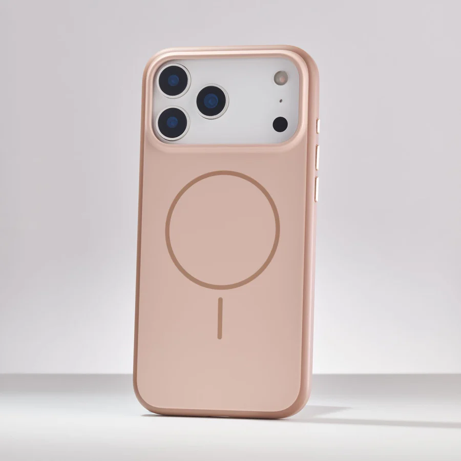 Beige TecHub OKOZ luxury liquid silicone TPU MagSafe case for iPhone 17 Pro, showing smooth, flexible material and precise cutouts.